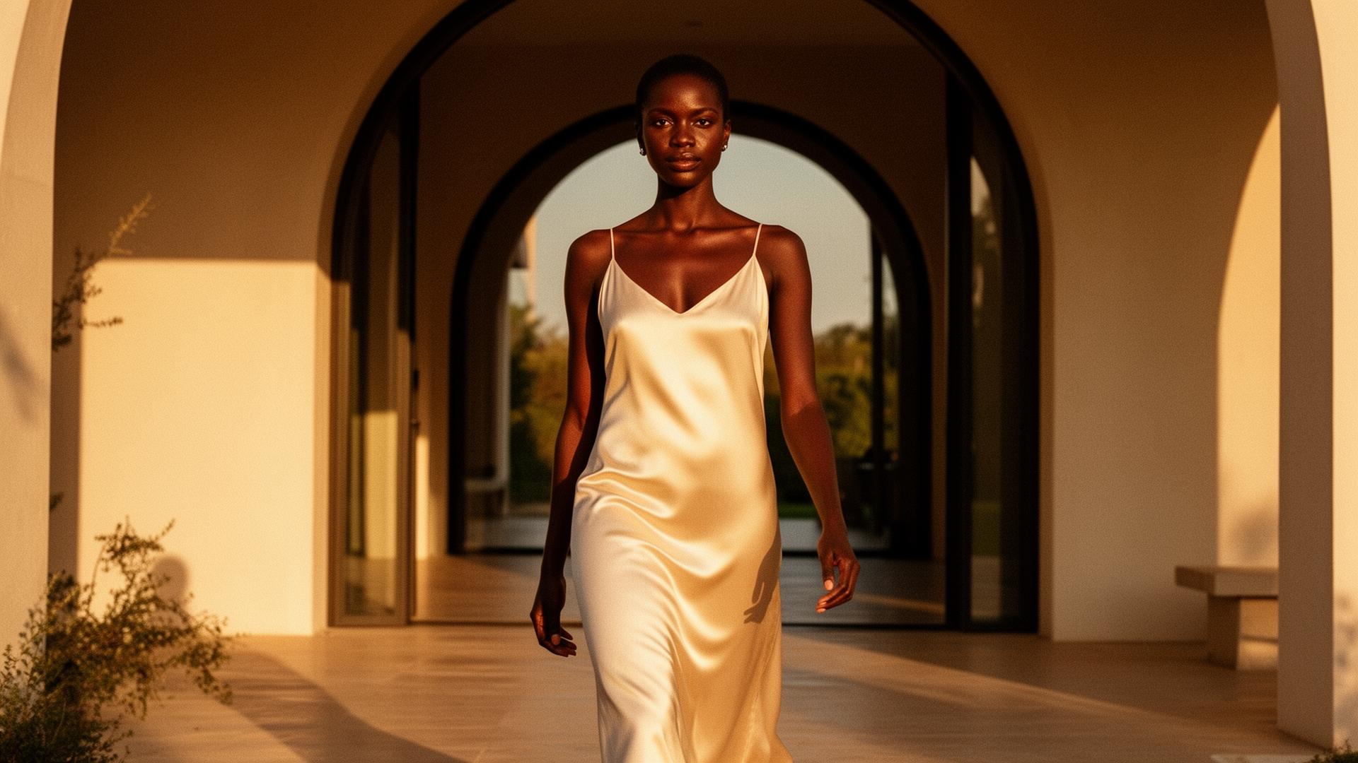 An elegant Black woman in cream silk walking through a sunlit modern villa