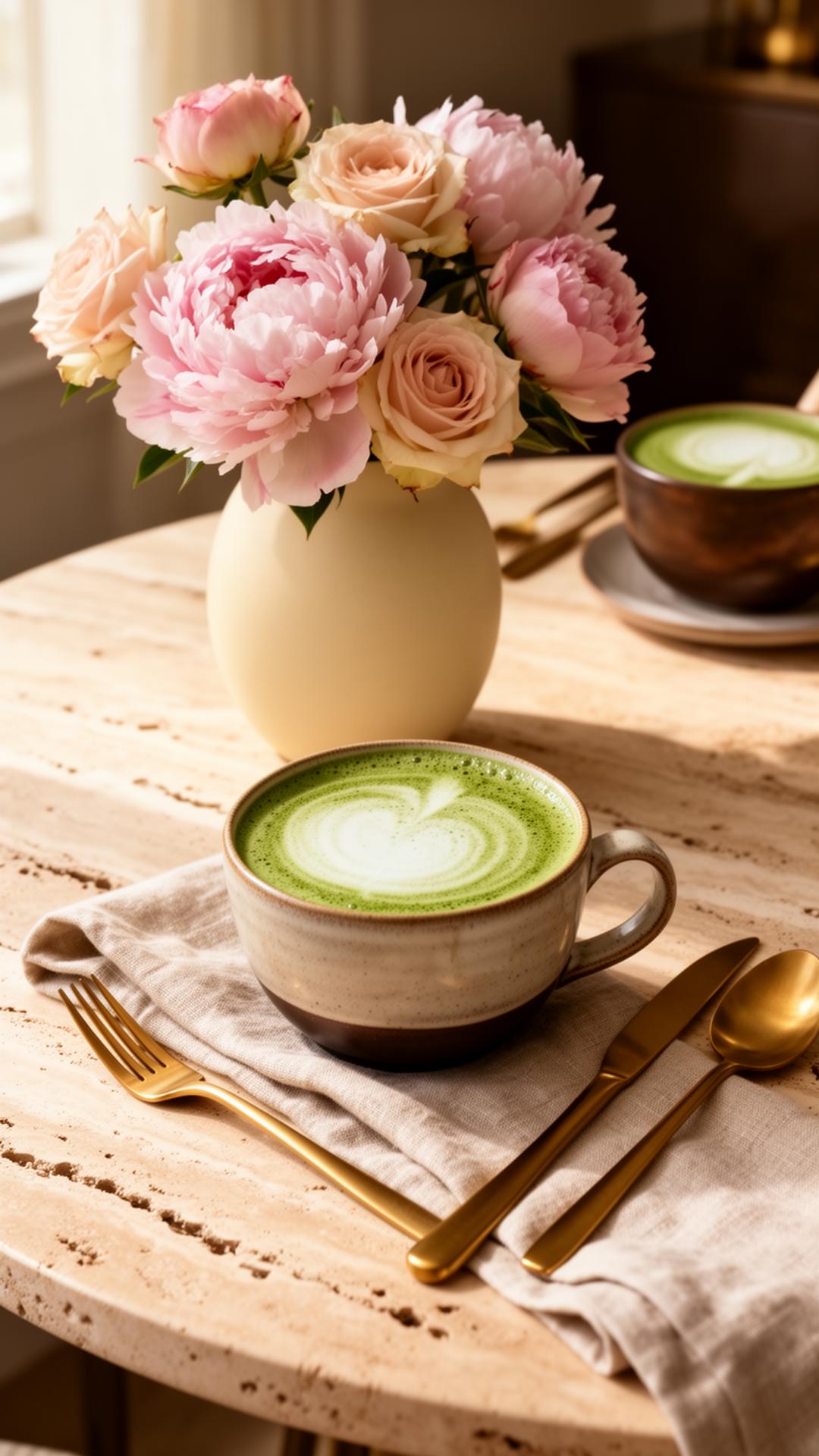 A matcha latte beside fresh peonies and roses on a travertine table